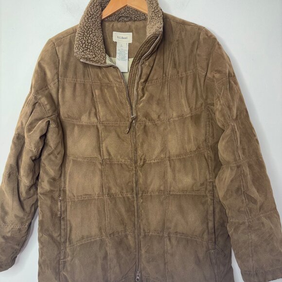 Vintage LL Bean Women's L Faux Suede Quilt Goose Down Parka Coat Sherpa Brown - Picture 4 of 12
